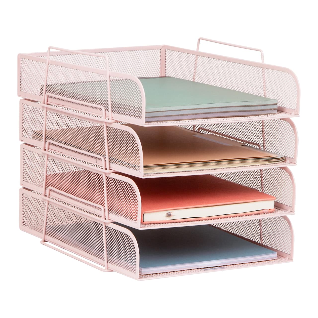 Mind Reader Stackable Paper Tray, Desktop Organizer, File Storage, Office, Metal Mesh, 4 Pcs., Pink